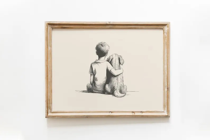 Boy and a Dog Vintage Print Dog Wall Art Dog Drawing Farmhouse Wall Decor Countryside Wall Art Do... | Etsy (US)