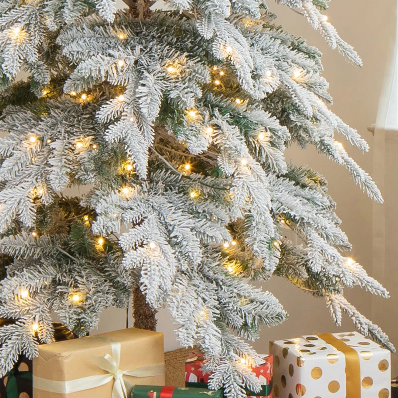 The Holiday Aisle® Hersi Flocked/Frosted Realistic Spruce Christmas Tree with LED Lights & Revie... | Wayfair North America