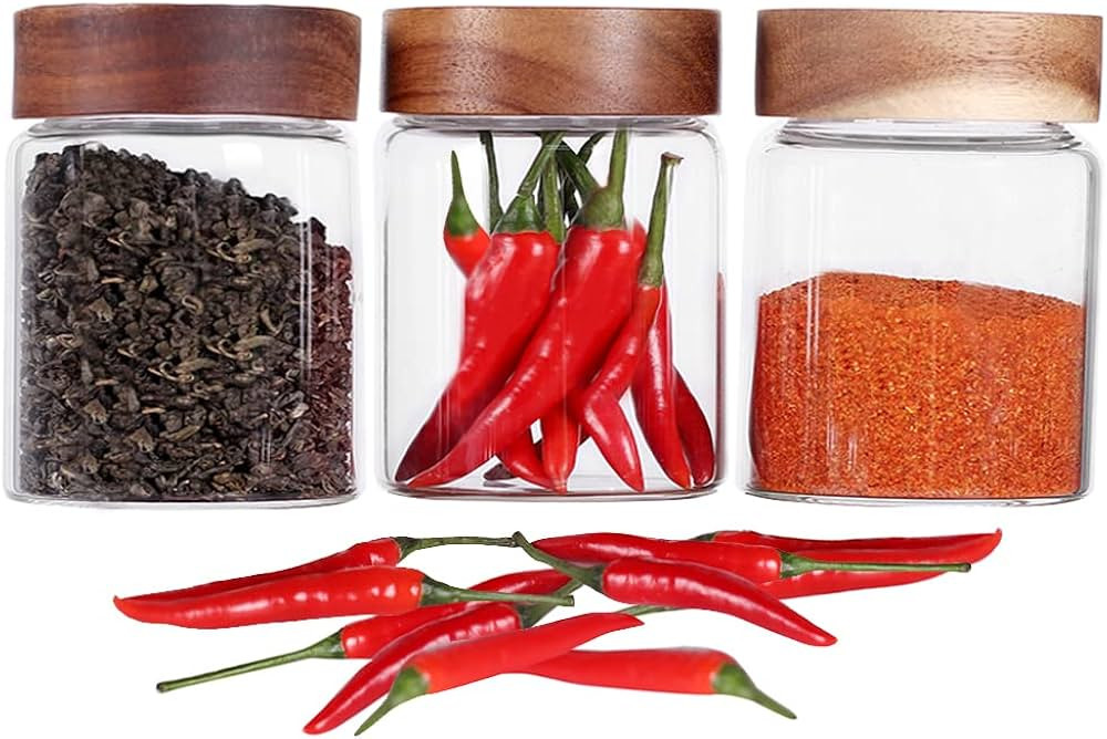 SAIOOL 3 Packs Glass Food Storage Jars with Screw Airtight Seal Acacia Wood Lids,Spice Jars with ... | Amazon (US)