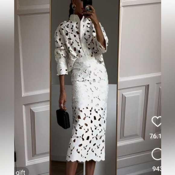 H&M edition white laser cute lace 2 piece skirt SET button top & midi skirt | Poshmark