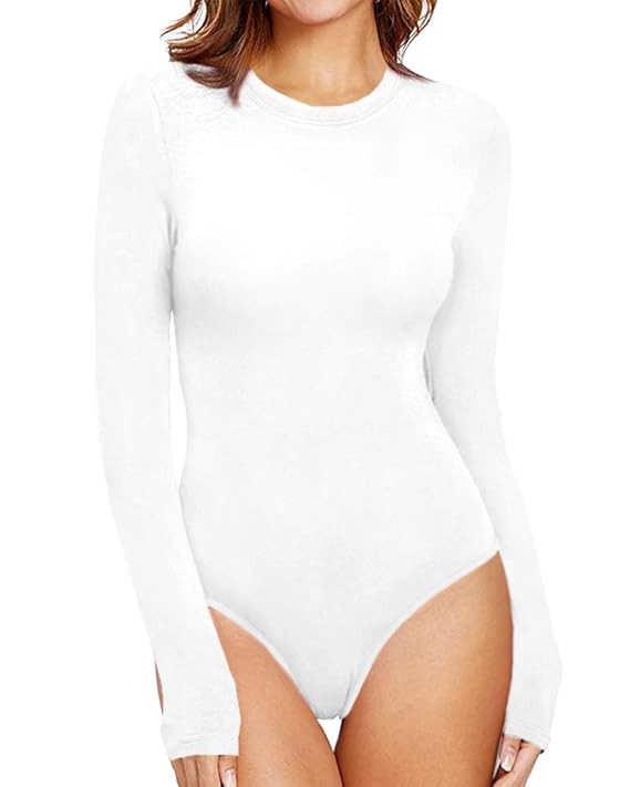 MANGOPOP Women's Crew Neck Short Sleeve/Long Sleeve T Shirts Bodysuit Jumpsuit | Amazon (US)