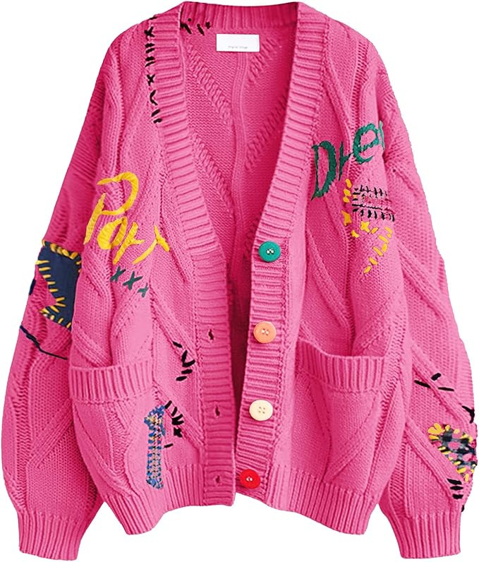 Women's Cable Knit Long Sleeve Open Front Cardigan Sheep V-Neck Button Down Embroidery Wool Blend... | Amazon (US)