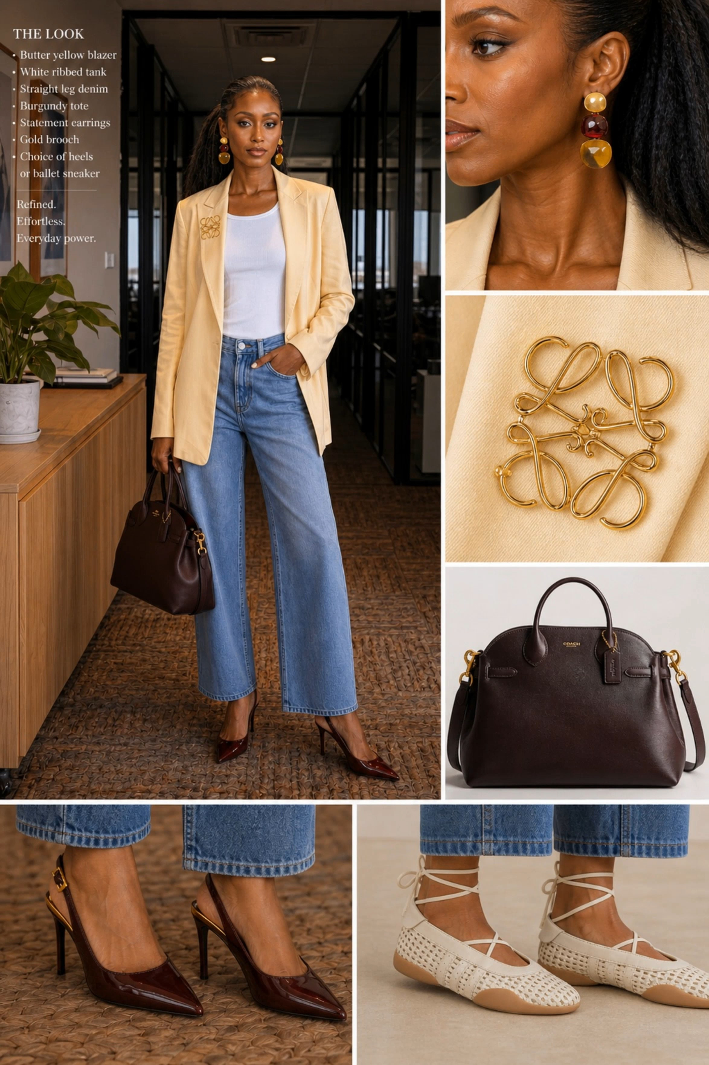 Tall-friendly office chic 🤍✨This look is all about balancing structure with ease. I paired a butter yellow tailored blazer with relaxed straight-leg denim for a polished but wearable silhouette that works beautifully on longer proportions. The burgundy slingback pumps elevate the look for the office, while the woven ballet sneakers are my go-to commute shoe when I want comfort without sacrificing style. Perfect for tall girls who want versatility, elegance, and ease all in one look.

#LTKTall #LTKootd #LTKWorkwear