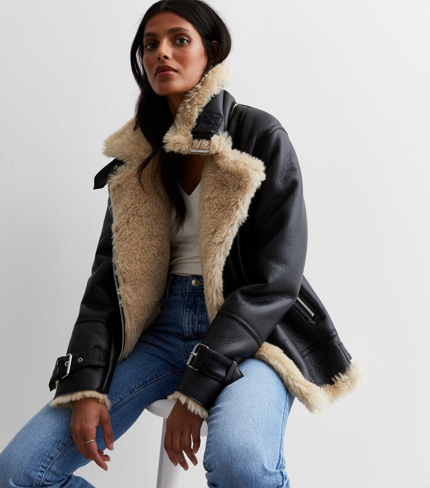 Black Leather-Look Faux Fur Trim Aviator Jacket
						
						Add to Saved Items
						Remove from... | New Look (UK)