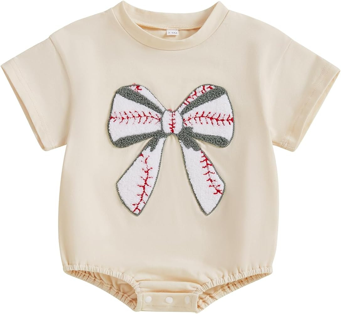 Newborn Baseball Outfit Baby Girl Baseball Bow Embroidery Bubble Romper Short Sleeve One Piece Sw... | Amazon (US)