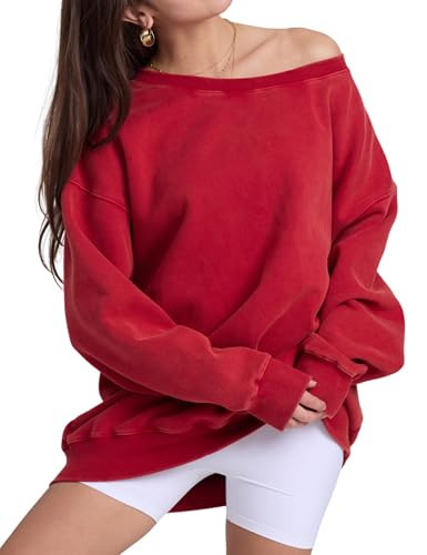 Hatant Womens Off the Shoulder Oversized Sweatshirts One Shoulder Sweatshirts for Women Off Shoulder Tops Y2K Oversized Hoodies Pullover Sweater Spring Outfits 2025 Red-XXL | Amazon (US)