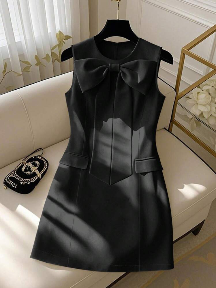 GlowEve Halloween Costume Black Round Neck Waist Tie Bow Elegant Romantic Sleeveless Elegant Wome... | SHEIN