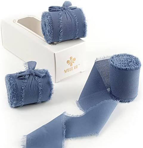 MEEDEE Chiffon Ribbon Handmade Fringe Silk Ribbon 2" x 7 Yards Dusty Blue Chiffon Ribbon Perfect ... | Amazon (US)