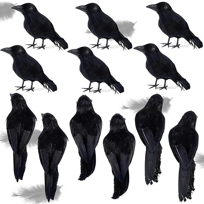 ATDAWN 12 Pack Halloween Black Feathered Crows, Realistic Looking Halloween Birds Decoration | Amazon (US)