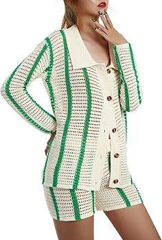 Amazon.com: Auciho Women's Color Block Y2K Knit 2 Piece Outfits Crochet Knitted Hollow Out Long S... | Amazon (US)