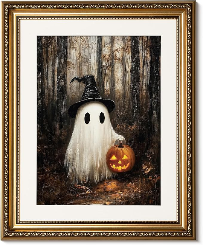 ARPEOTCY Gold Framed Canvas Art Prints, Vintage Halloween Decor, 13x16inch, Cute Ghost Pumpkin De... | Amazon (US)