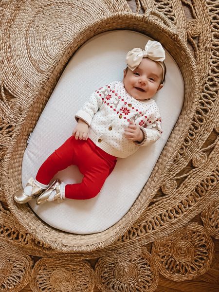 Baby girl holiday outfit. Baby fair isle cardigan bow leggings gold ballet flats with bows. Baby girl velvet bow. Moses basket  

#LTKHoliday #LTKSeasonal #LTKbaby