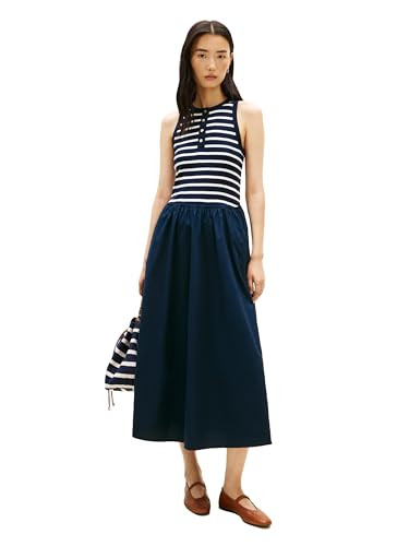 Tommy Hilfiger Women's Gold Button Poplin Dress Sleeveless Dress,Breton Stripe Dark Night/Ecru X-Small | Amazon (US)