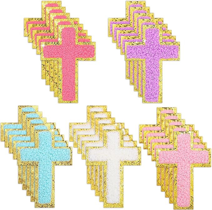 20 PCS Iron Sew on Cross Patches Embroidery Gold Border Love Bow Applique Chenille Patch for Clot... | Amazon (US)