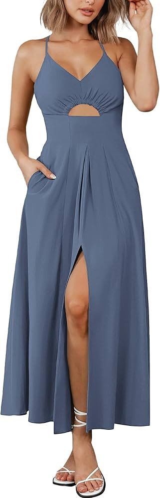 BTFBM Women 2024 Summer Spaghetti Strap Dress Sleeveless V Neck Cutout Slit Casual Beach Party Ma... | Amazon (US)