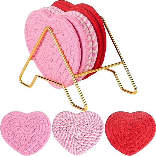 6 Pcs Valentine Heart Coasters with Holder Hand Woven Pink Coasters Set of 4.1 × 4.9 inch, Cotto... | Amazon (US)