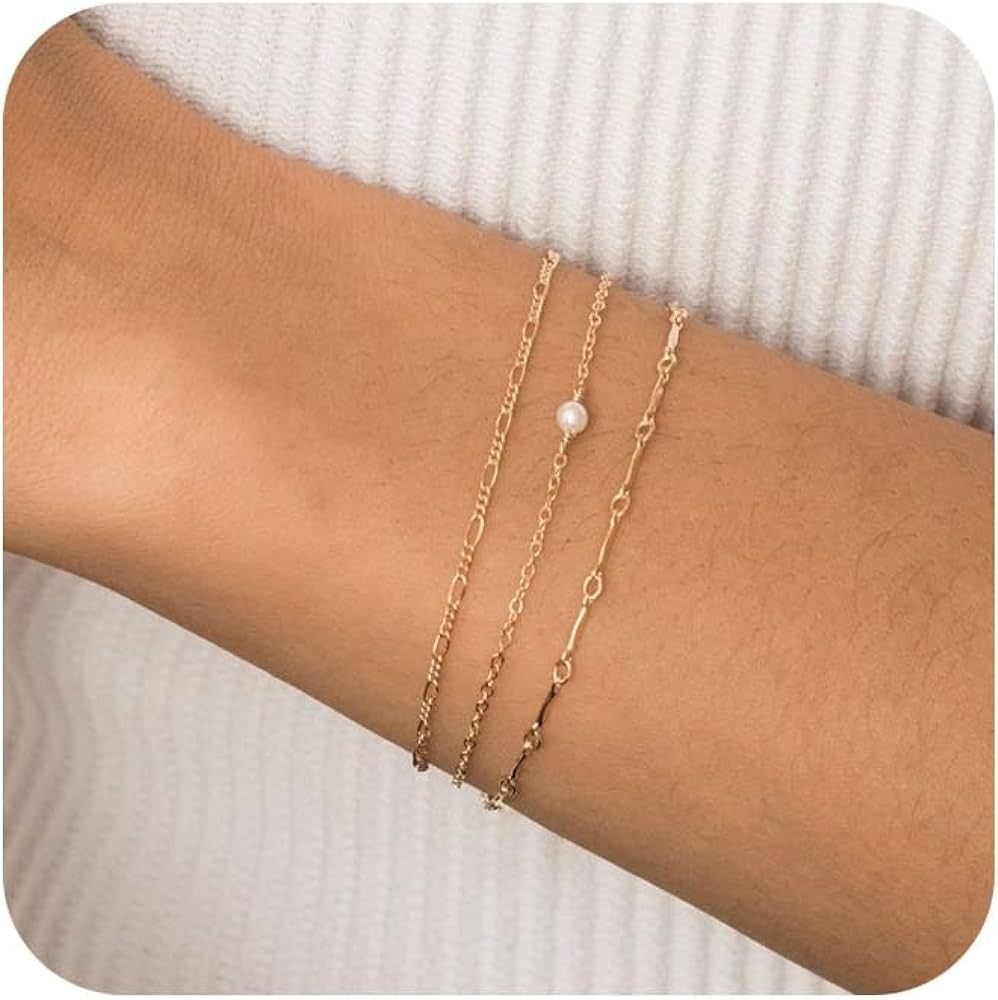 Awvialy Gold Bracelets for Women, 14K Gold Plated Dainty Bracelet Set Stackable Paperclip Box Bea... | Amazon (US)