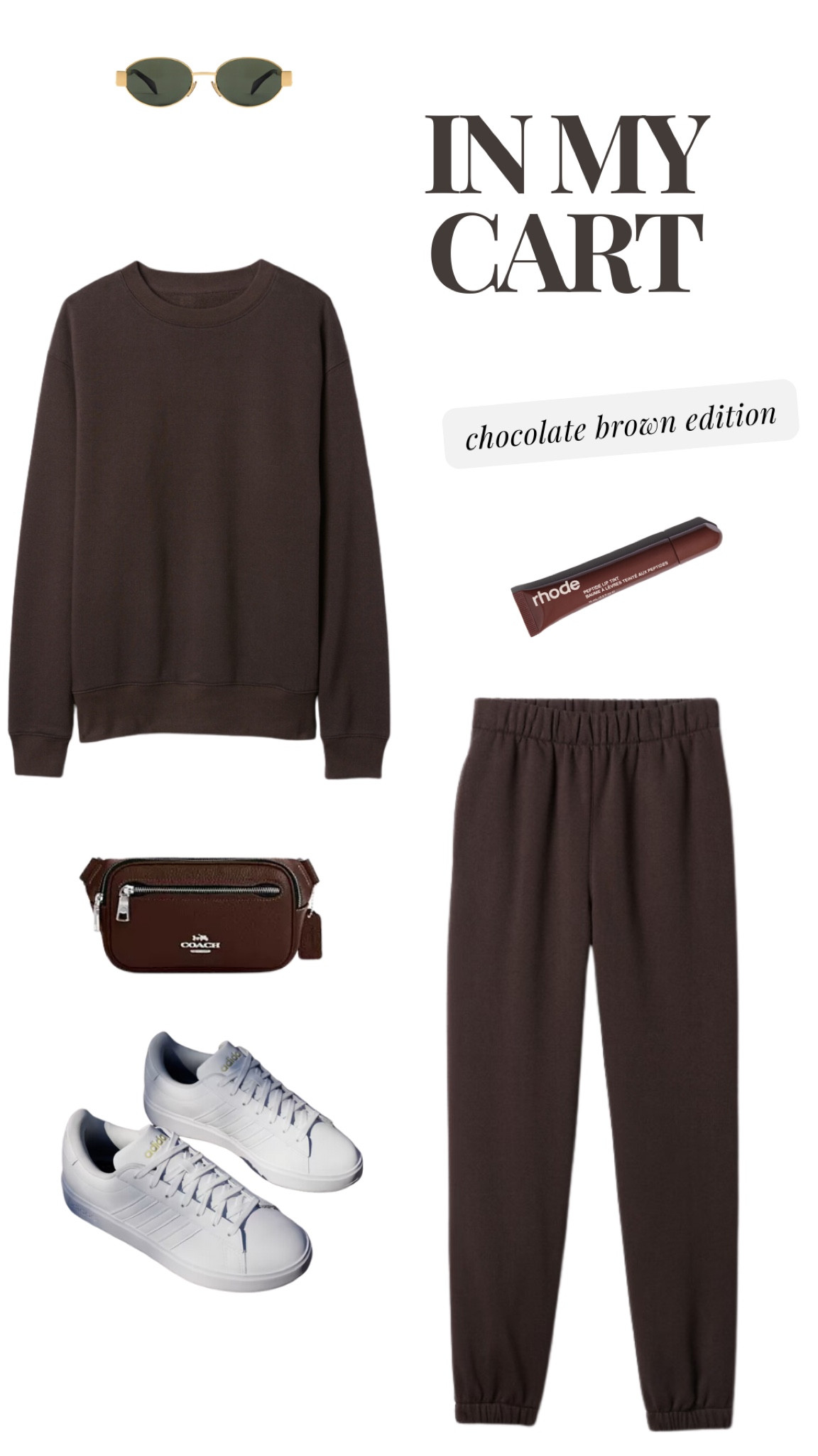 Chocolate brown outfit, comfy outfit, sweatsuit outfit, adidas outfit, gold frames, Celine frames, sunglasses, rhode lip tint, sneakers outfit, fall outfit, casual outfit, monochromatic outfit

#LTKFallSale #LTKSeasonal