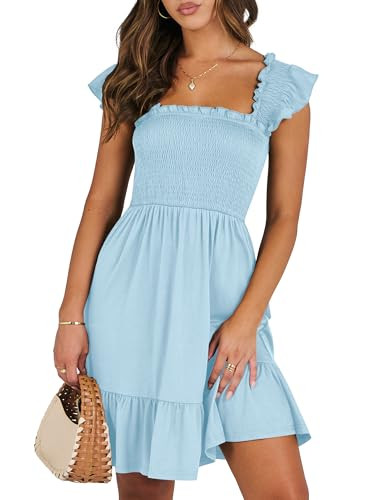ANRABESS Women's Summer Casual Sleeveless Square Neck Dress 2025 Smocked Ruffle Backless Boho Beach Cute Teen Short Sundress Blue X-Large | Amazon (US)