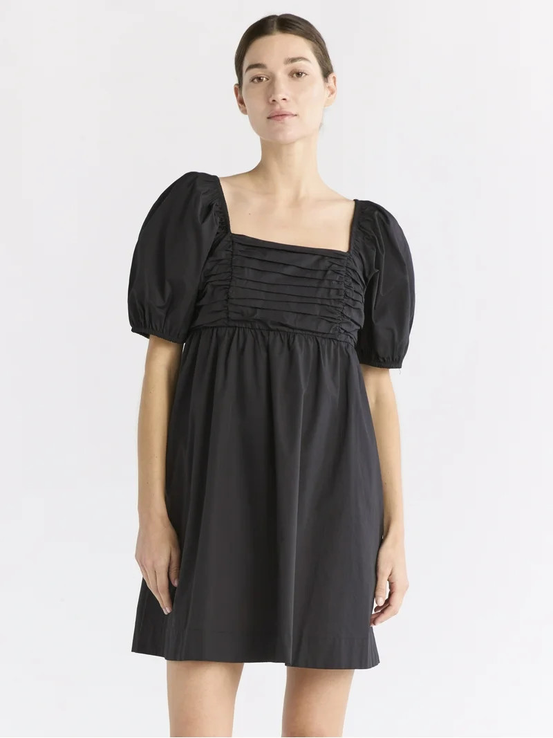 Free Assembly Women's Shirred Cotton Mini Dress with Puff Sleeves, Sizes XS-XXXL | Walmart (US)