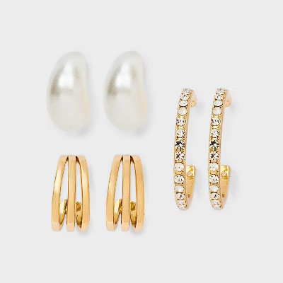 Pearl and Crystal Hoop Earring Set 3pc - Wild Fable™ Gold/White: Post Closure, 40% Recycled Zinc, 1" Diameter, Lightweight | Target