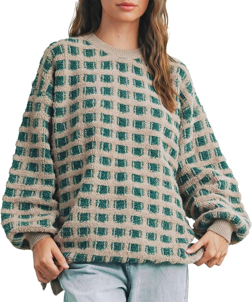 Checkered Sweaters for Women Long Sleeve Crew Neck Knit Sweater Top Plaid Pullover Fall Vintage G... | Amazon (US)