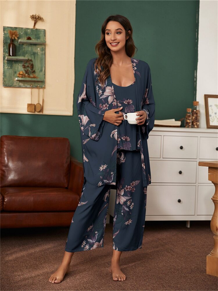 3 Pack Floral Print Robe Pajama Set | SHEIN