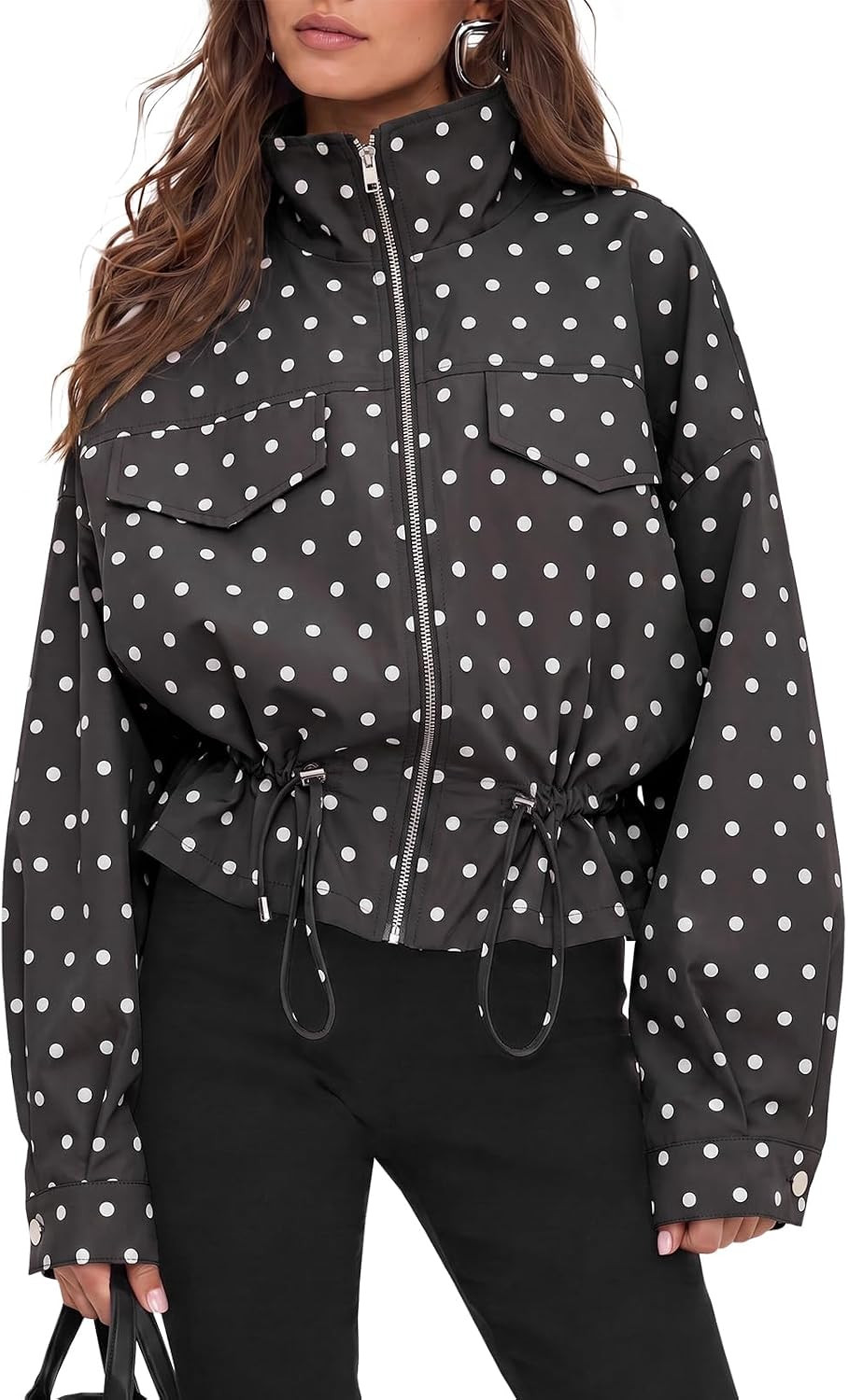 Fisoew Womens Zip Up Casual Jackets Polka Dot Drwatring Fall Trendy Coats | Amazon (US)