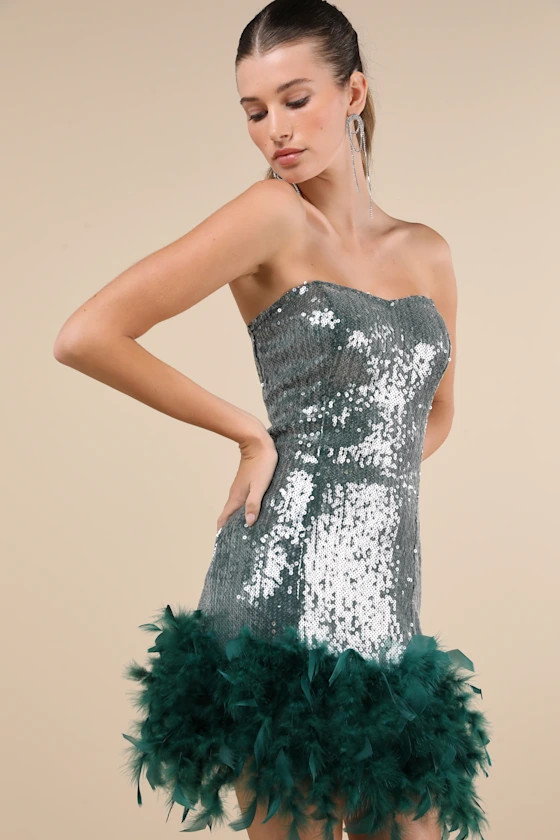 Especially Fabulous Emerald Sequin Feather Strapless Mini Dress | Lulus