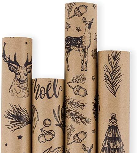 RUSPEPA Christmas Wrapping paper - Brown Kraft Paper with Black Christmas Elements Print Paper - 4 R | Amazon (US)