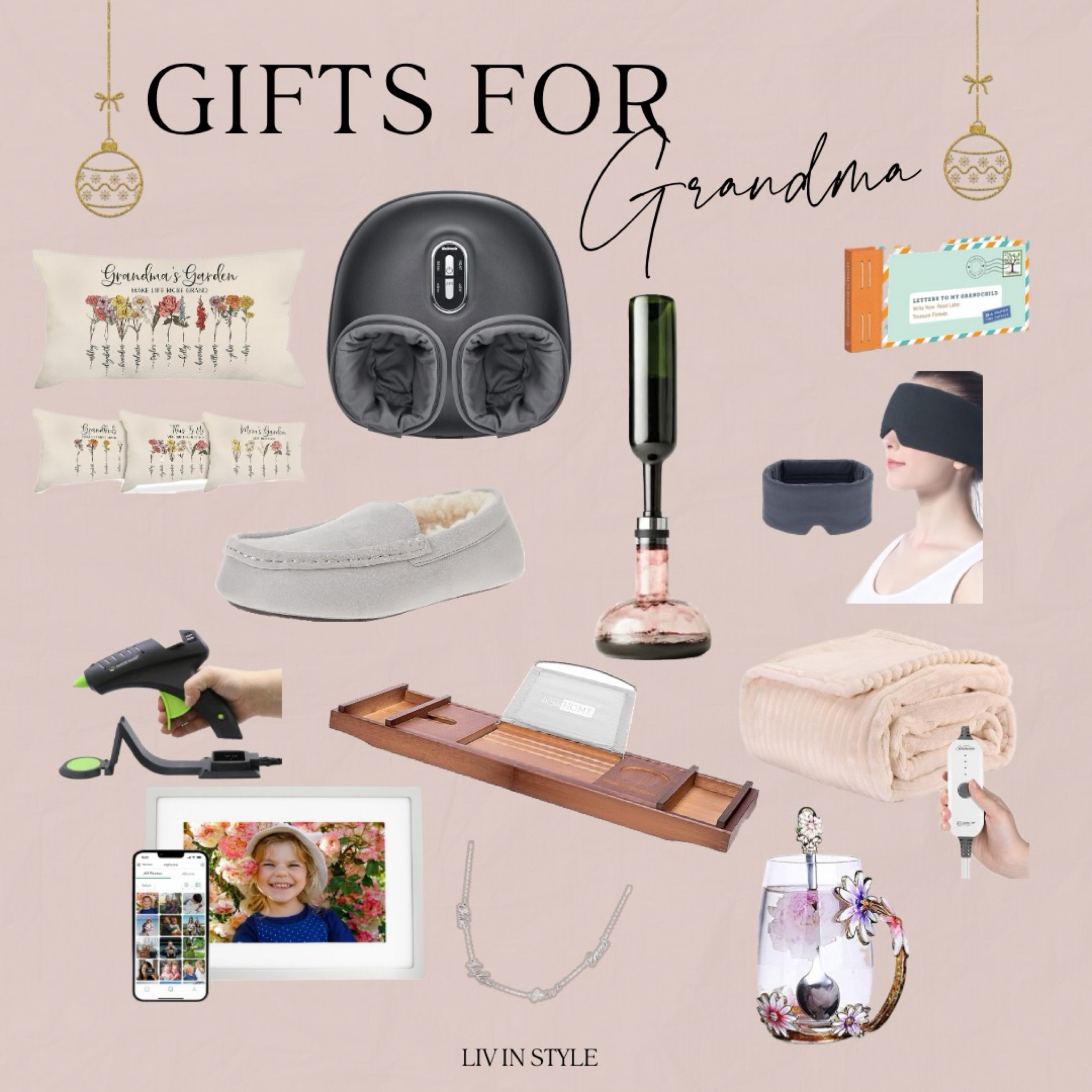 Gifts for Grandma! Grandma’s garden personalized pillow, foot massager, wine decanter, slippers, eye mask, journal, wireless hot glue gun for crafting, bath tray, heated blanket, digital picture frame and a beautiful floral tea pot. #gift guide #grandma

#LTKGiftGuide #LTKfamily #LTKHoliday