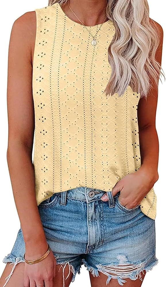 Bluetime Womens Tank Tops Eyelet Embroidery Summer Sleeveless Tops High Neck Loose Casual Flowy S... | Amazon (US)