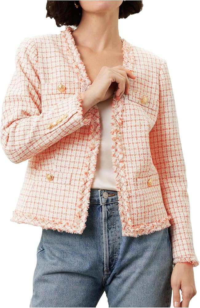 Pastel Tweed Jackets for Women Elegant Plaid Collarless Business Office Casual Outfits Fall Jacke... | Amazon (US)