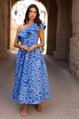 One Shoulder Ruffle Maxi- Ashbury Blue | Oliphant Design