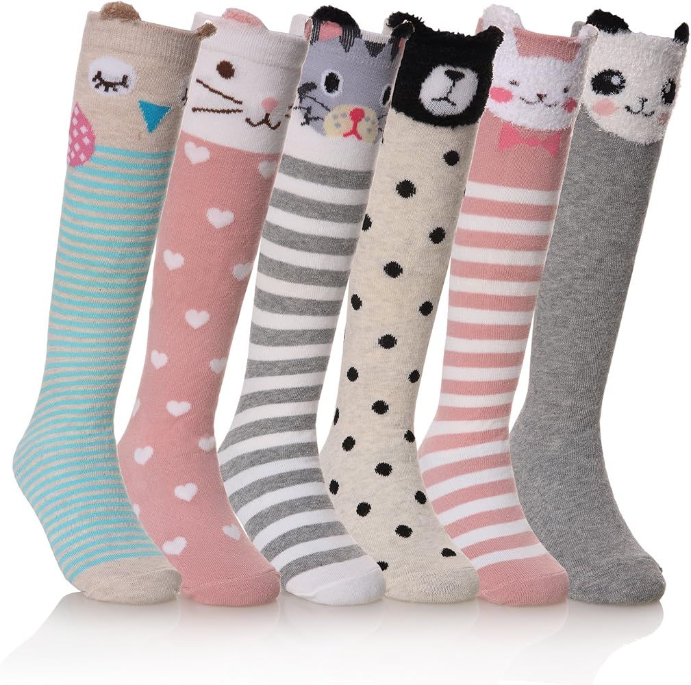 FNOVCO Girls Knee High Socks Cartoon Animal Patterns Cotton Over Calf Socks | Amazon (US)