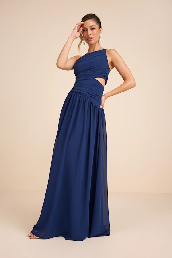 Marcela Navy Blue Ruched One-Shoulder Maxi Dress | Lulus
