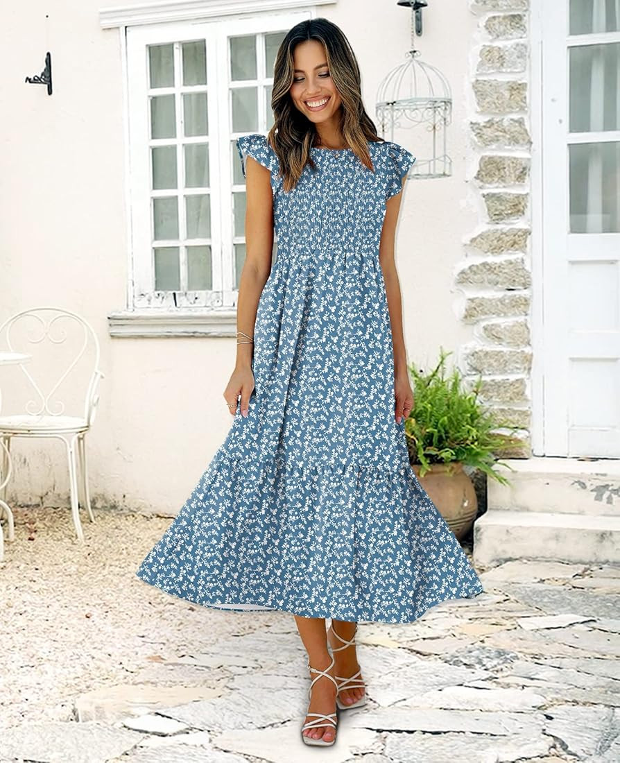 OFEEFAN Women's Casual Maxi Dresses with Pockets Ruffle Sleeve Smocked Dress XS-2XL | Amazon (US)