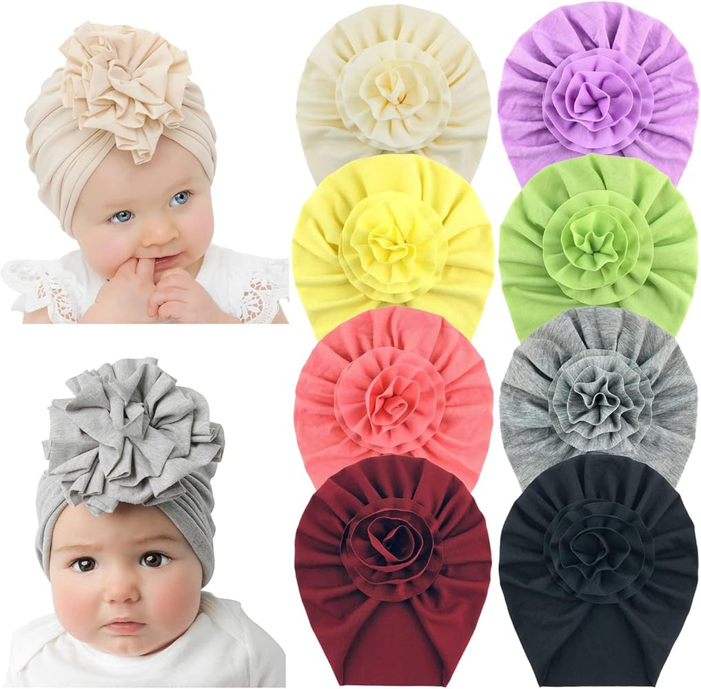 inSowni 8 Pack Solid Nursery Hospital Turban Hat Cap Beanie Bonnet with Big Flower for Baby Girls... | Amazon (US)