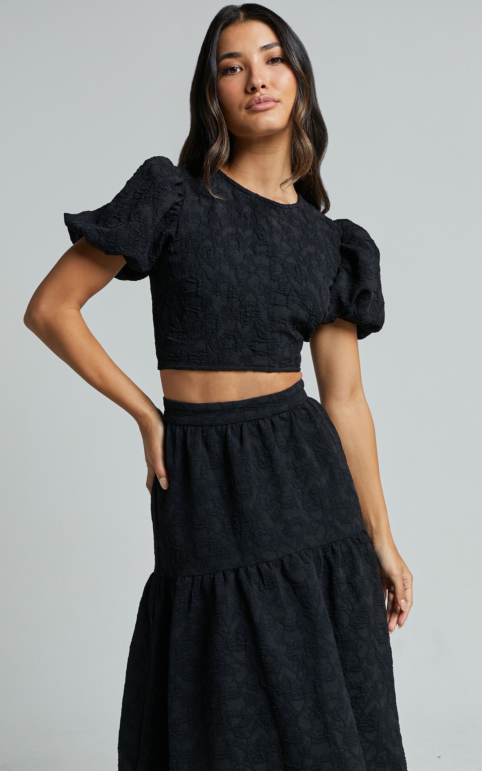 Leila Two Piece Set - Puff Sleeve Top and Midi Skirt Set in Black | Showpo (US, UK & Europe)