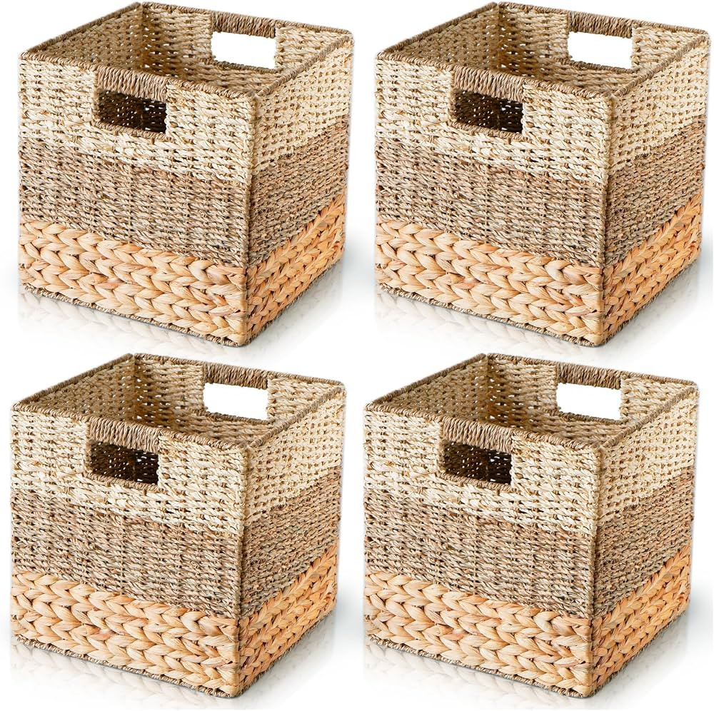 Wicker Storage Cubes 10.5 x 10.5, Set of 4 Heavy Duty Hyacinth Square Baskets for Shelf, Storage ... | Amazon (US)