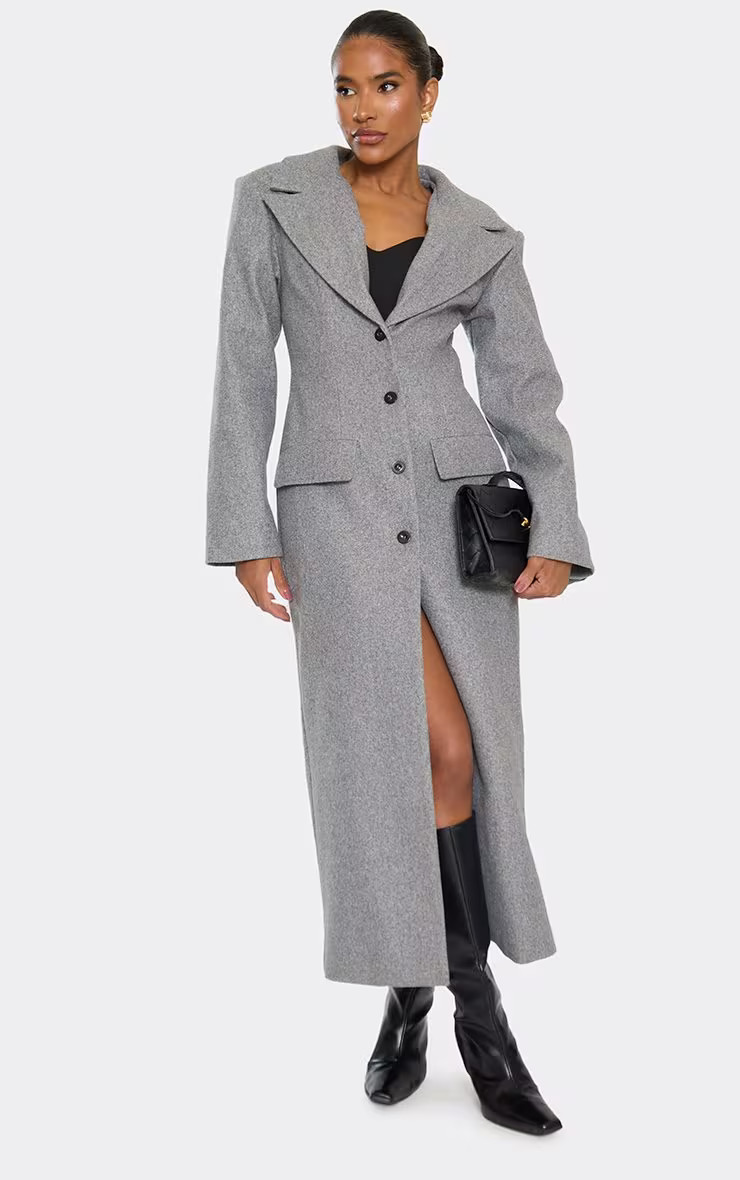 Long Sleeve Cinched Waist Blazer Wool Look Maxi Coat In Grey | EGO Shoes (US & Canada)