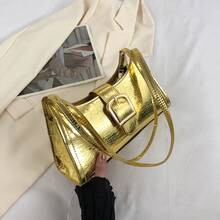 Crocodile Embossed Baguette Bag Gold Metallic Buckle Decor | SHEIN