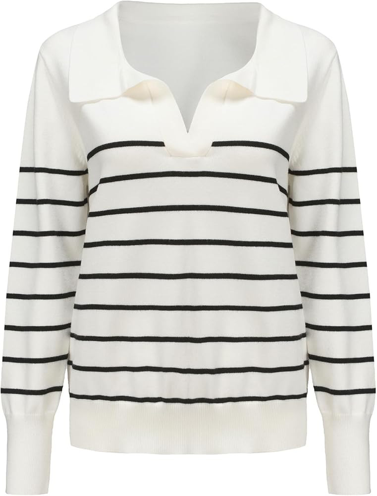 Women’s Polo’s V Neck Relax Fit Striped Knit Sweater Long Sleeve Collared Lightweight Ribbed ... | Amazon (US)