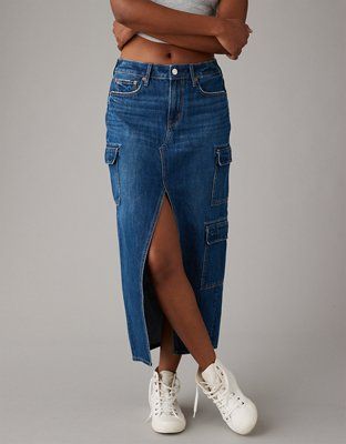 AE Low-Rise Denim Cargo Maxi Skirt | American Eagle Outfitters (US & CA)