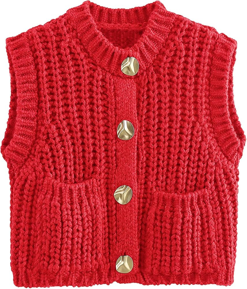 Flygo Womens Sleeveless Crop Chunky Knit Cardigan Trendy Button Down Cropped Knitted Sweater Vest... | Amazon (US)