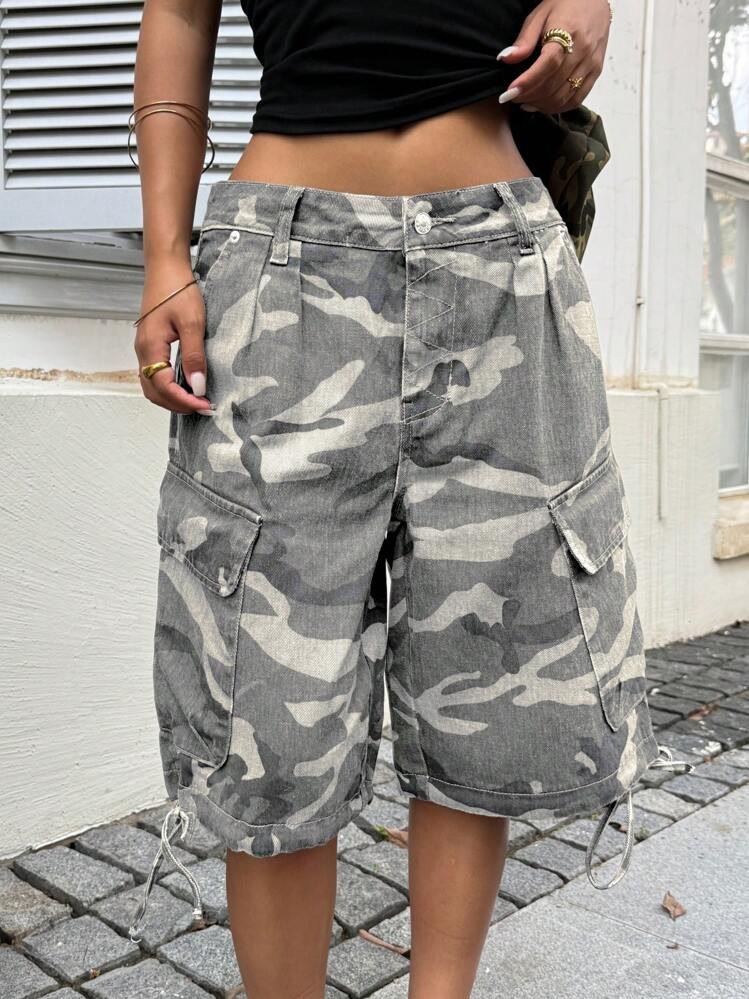 SHEIN Muchic Women's Casual Loose Fit Camouflage Print Wide Leg Denim Shorts | SHEIN