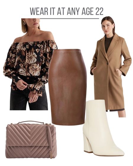 Here is Jen’s alternate look for the faux leather shirt. The off-the-shoulder print top makes it a little more feminine, as do the white booties. Top it off with a classic camel coat!

#LTKSeasonal #LTKstyletip #LTKHoliday