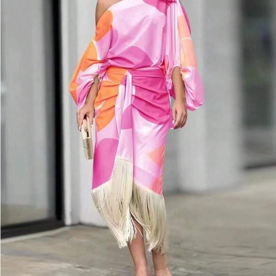 LocalPrinted Lantern Sleeve Loose Blouse In Fuchsia & Cream-Yellow Fringed Hem Midi Skirt Two-Pie... | SHEIN