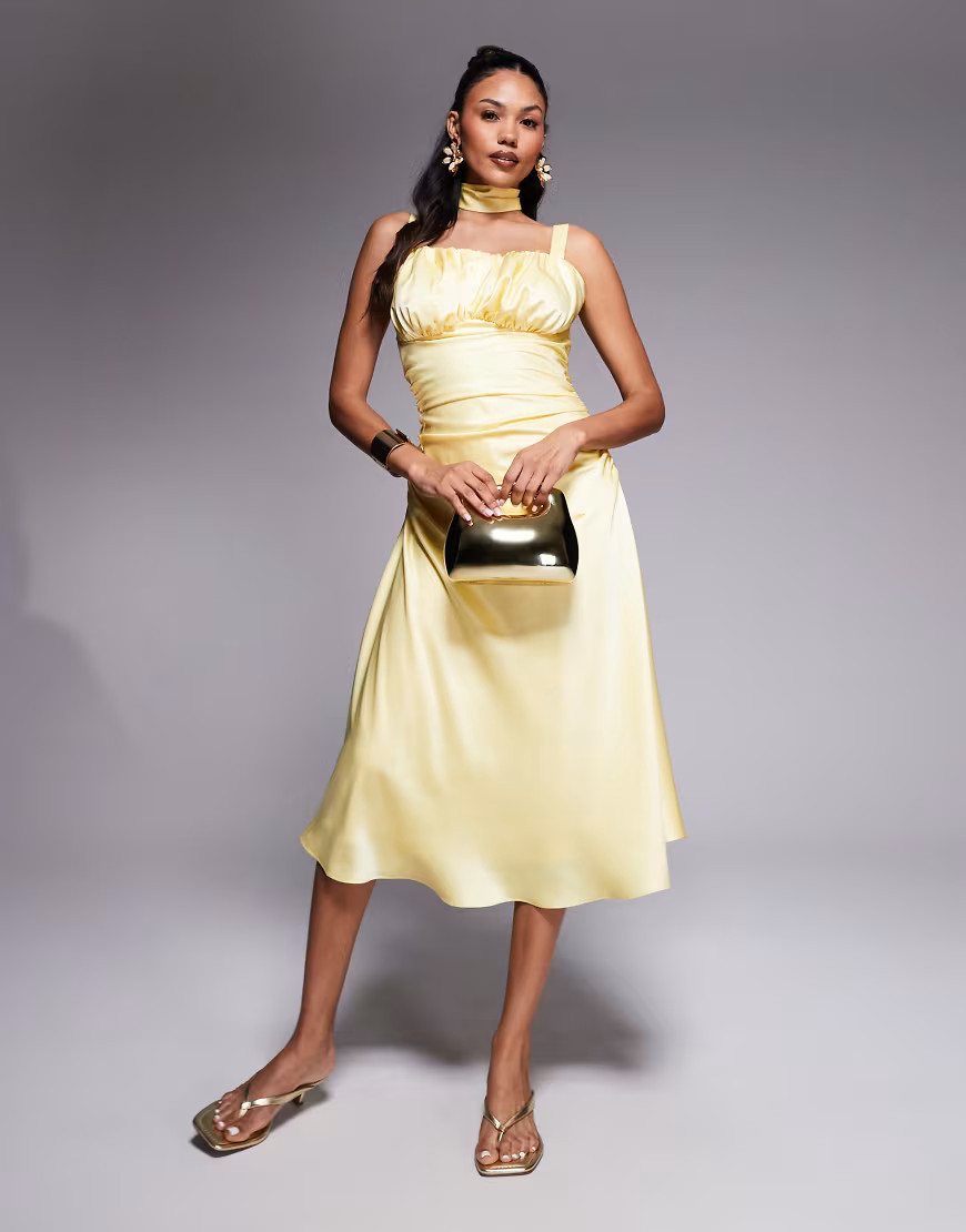 Taideux fuller bust Adrienne boned satin midi dress with ruching and neck scarf in butter yellow | ASOS (Global)
