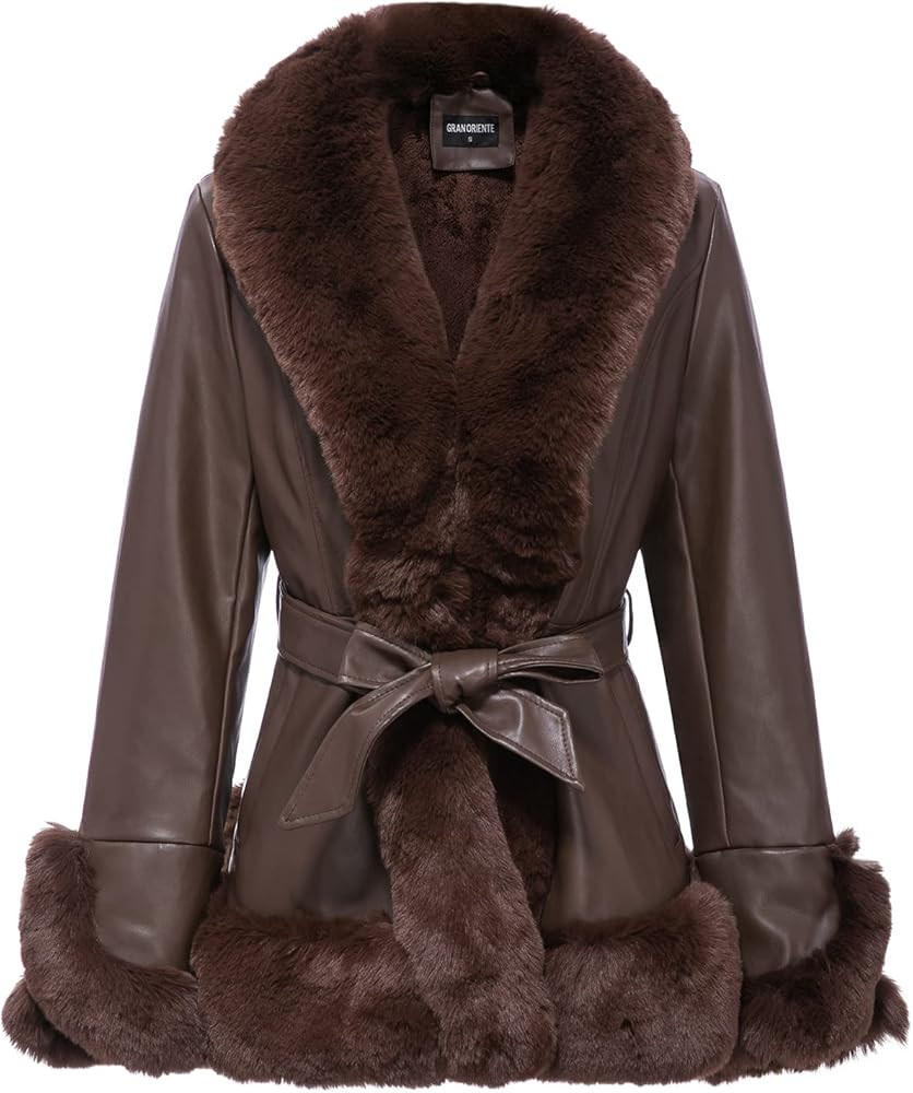 GRAN ORIENTE Women's Faux Leather Jacket with Faux Fur Collar Long Sleeve Parka with Pockets Warm... | Amazon (US)